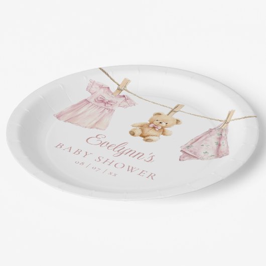 Baby Meisje Roze Clothesline Baby shower Papieren Bordje (Gekanteld)