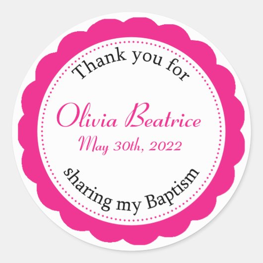 Baby Meisje Roze Dankjewel Doopfeest Ronde Sticker (Voorkant)