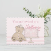 Baby Meisje Roze Doop Uitnodiging Cake Teddy Beer (Staand voorkant)