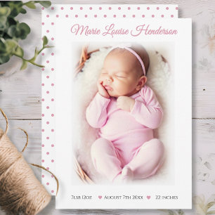 Baby Meisje Roze Dotted Geboorteaankondiging Kaart