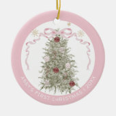 Baby Meisje Roze Eerste Kerstfoto Keramiek Keramisch Ornament (Voorkant)