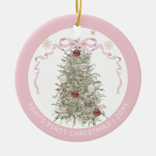 Baby Meisje Roze Eerste Kerstfoto Keramiek Keramisch Ornament (Voorkant)