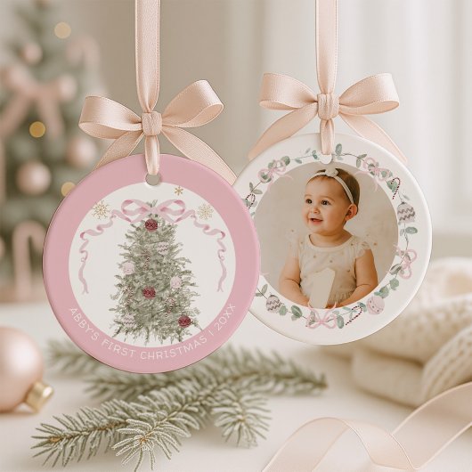 Baby Meisje Roze Eerste Kerstfoto Keramiek Keramisch Ornament