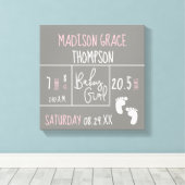 Baby Meisje Roze en Grijze Aankondiging Gepersonal Canvas Afdruk (Insitu (Houten vloer))