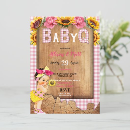 Baby Meisje Roze Geel Zonnebloem Baby Q Barbecue Kaart (Staand voorkant)