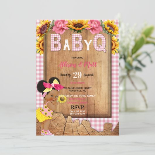 Baby Meisje Roze Geel Zonnebloem Baby Q Barbecue Kaart (Staand voorkant)