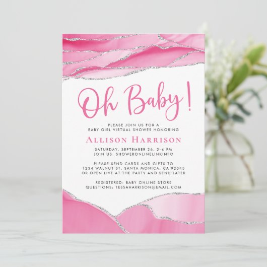 Baby Meisje Roze Geode Virtuele Douche Kaart (Staand voorkant)