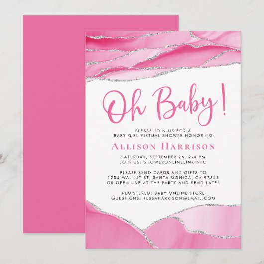 Baby Meisje Roze Geode Virtuele Douche Kaart (Voorkant / Achterkant)