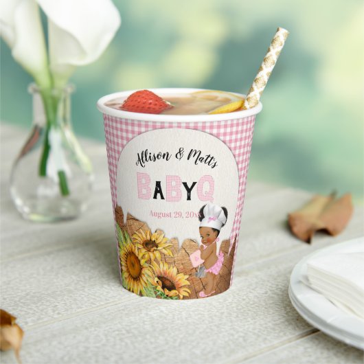 Baby Meisje Roze Gingham Zonnebloemen Baby Q BBQ P Papieren Bekers (Insitu)