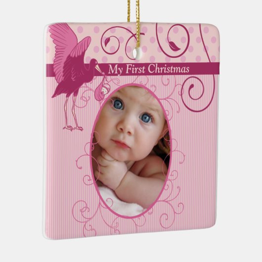 Baby Meisje Roze Ooievaar Geboortestatistieken Fot Keramisch Ornament (Rechts)