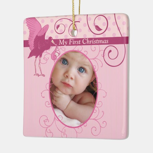 Baby Meisje Roze Ooievaar Geboortestatistieken Fot Keramisch Ornament (Links)
