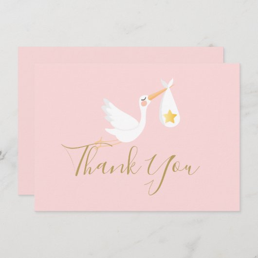 Baby Meisje Roze Ooievaar Gouden Ster Script Dank Bedankkaart (Voorkant / Achterkant)