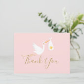 Baby Meisje Roze Ooievaar Gouden Ster Script Dank Bedankkaart (Staand voorkant)