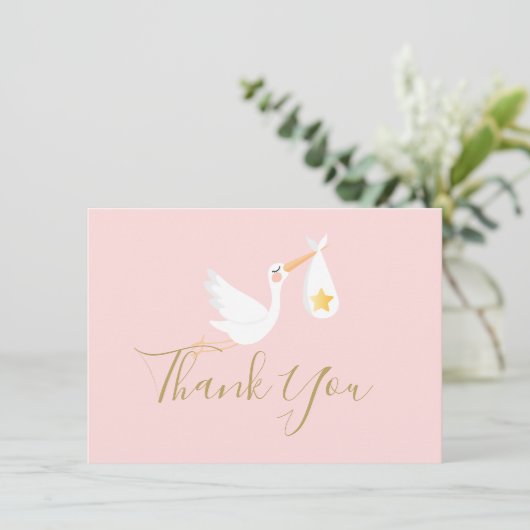 Baby Meisje Roze Ooievaar Gouden Ster Script Dank Bedankkaart (Staand voorkant)