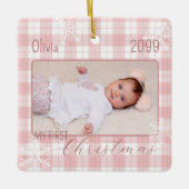 Baby meisje roze plaid sneeuwvlok eerste kerst keramisch ornament (Voorkant)