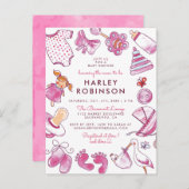 Baby meisje | Roze Waterverf speelgoed Baby shower Uitnodiging Briefkaart (Voorkant / Achterkant)