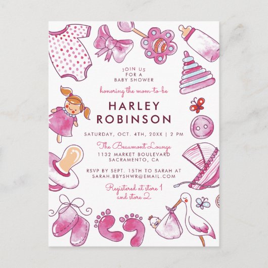 Baby meisje | Roze Waterverf speelgoed Baby shower Uitnodiging Briefkaart (Voorkant)