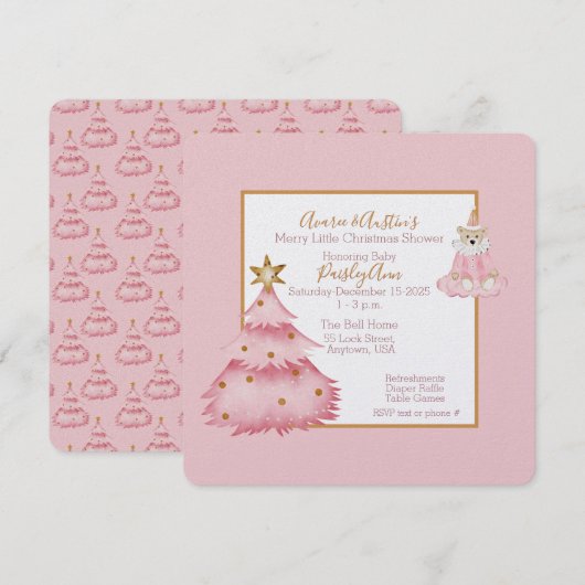 Baby Meisje Roze Witte Kerstboom Douche Kaart (Voorkant / Achterkant)