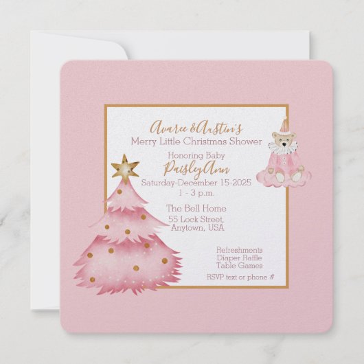 Baby Meisje Roze Witte Kerstboom Douche Kaart (Voorkant)