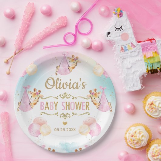 Baby Meisje Schattige Giraffe Ballons Baby shower Papieren Bordje (Feest)