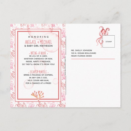 Baby Meisje Shower Koraal Roze Octopus Oceaan Leve Uitnodiging Briefkaart (Achterkant)