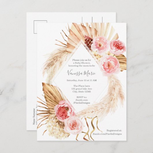 Baby Meisje Shower Modern Boho Pampas gras bloem Uitnodiging Briefkaart (Voorkant / Achterkant)