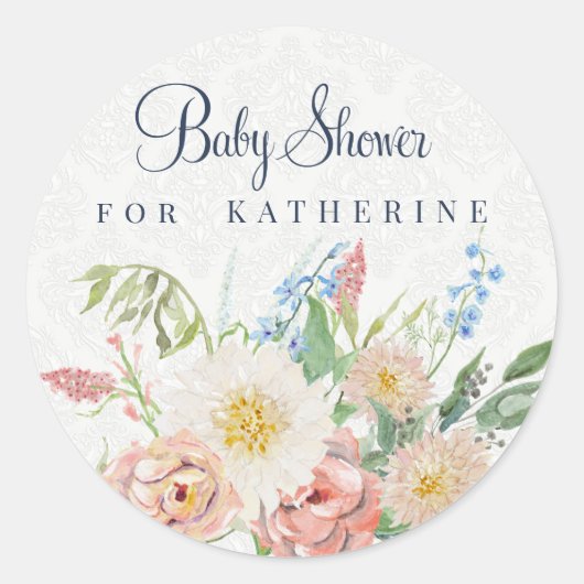 Baby Meisje Shower Roze Roze Bloemige Blad Groenel Ronde Sticker (Voorkant)