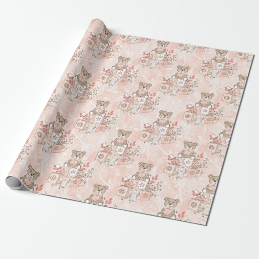Baby Meisje Shower Teddyberen Inpakpapier (Uitgerold)