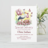Baby Meisje Speciale Levering Ooievaar Baby shower Kaart (Staand voorkant)