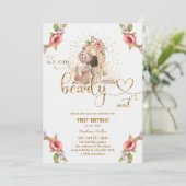 Baby Meisje Teddy Beer Eerste Verjaardagsfeestje Kaart (Staand voorkant)