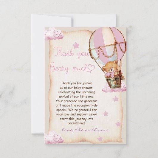 Baby Meisje Teddy Beer Roze Bedankkaart (Voorkant)
