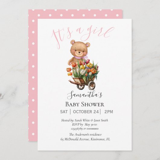 baby meisje teddy beer uitnodiging (Voorkant / Achterkant)