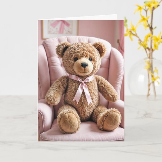 Baby meisje teddybeer met roze strik kaart (Gele Bloem)