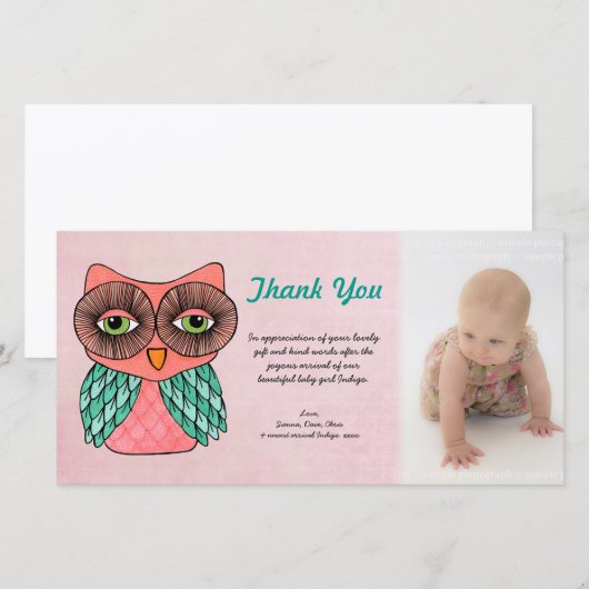 Baby Meisje Uil Dank u Fotosjabloon Fotokaart Bedankkaart (Voorkant / Achterkant)
