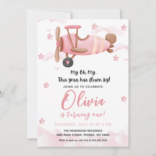 Baby Meisje Vliegtuig Eerste Verjaardag uitnodigin Kaart (Voorkant)