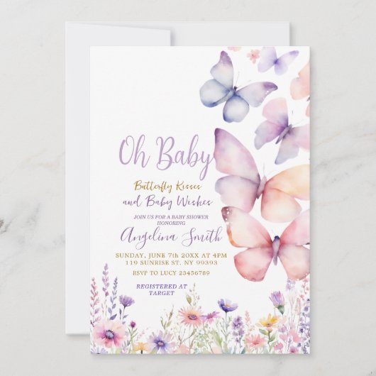 Baby Meisje Vlinder Paars Bloemen Baby shower Kaart (Voorkant)