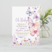 Baby Meisje Vlinder Paars Bloemen Baby shower Kaart (Staand voorkant)
