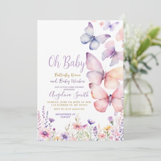 Baby Meisje Vlinder Paars Bloemen Baby shower Kaart (Staand voorkant)