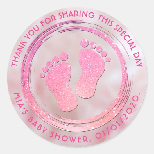 Baby Meisje Voetafdruk Glitterende Baby shower Fav Ronde Sticker (Voorkant)