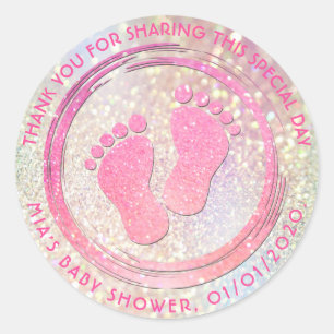 Baby Meisje Voetafdruk Glitterende Baby shower Fav Ronde Sticker