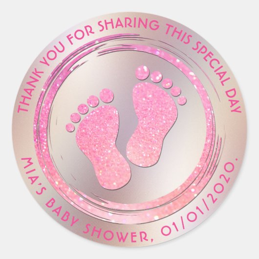 Baby Meisje Voetafdruk Glitterende Baby shower Fav Ronde Sticker (Voorkant)