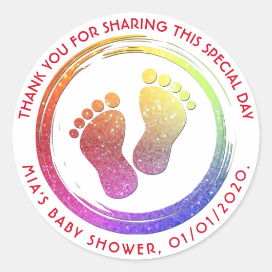 Baby Meisje Voetafdruk Glitterende Baby shower Fav Ronde Sticker (Voorkant)