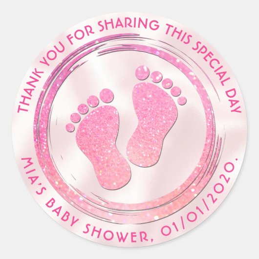 Baby Meisje Voetafdruk Glitterende Baby shower Fav Ronde Sticker (Voorkant)