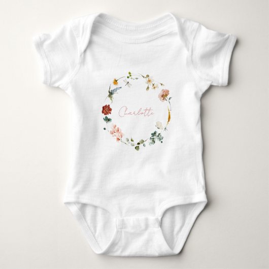 Baby Meisje Waterverf Bloemen Naam Script Romper (Voorkant)