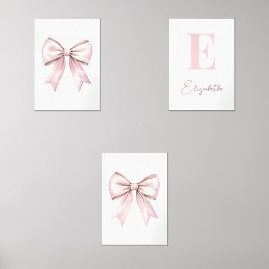 Baby Meisje Waterverf Roze Bow & Monogram Naam Muurkunst Sets (Voorkant)