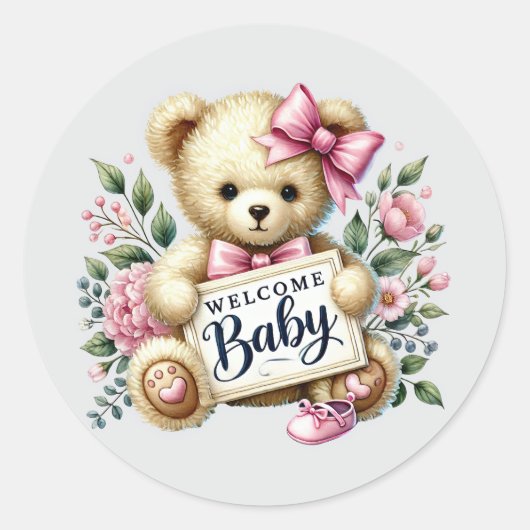 Baby meisje welkom beer ronde sticker (Voorkant)