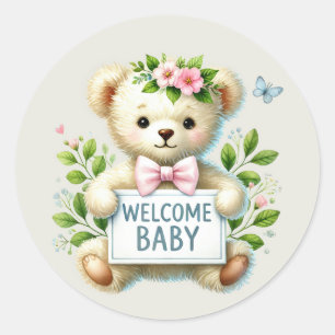 Baby meisje welkom beer ronde sticker