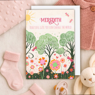 Baby Meisje Whimsical Tree Custom Naam Roze Kaart
