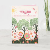 Baby Meisje Whimsical Tree Custom Naam Roze Kaart (Voorkant)