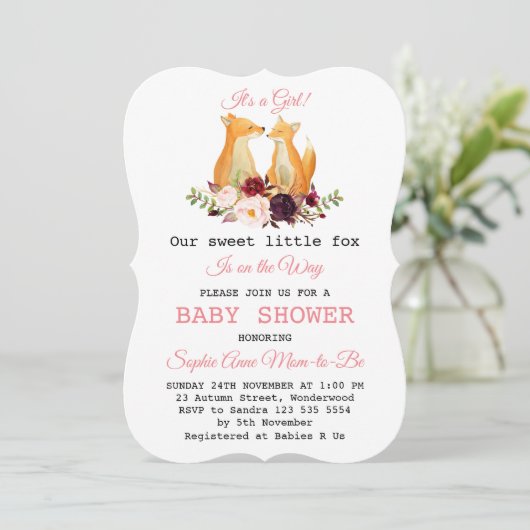 Baby Meisje Zoete Vos Bos Baby Shower Kaart (Staand voorkant)
